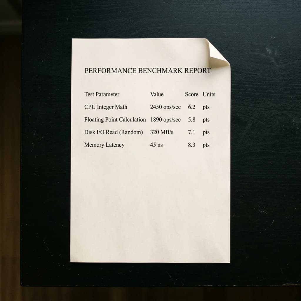 Printed benchmark results on a matte black desk