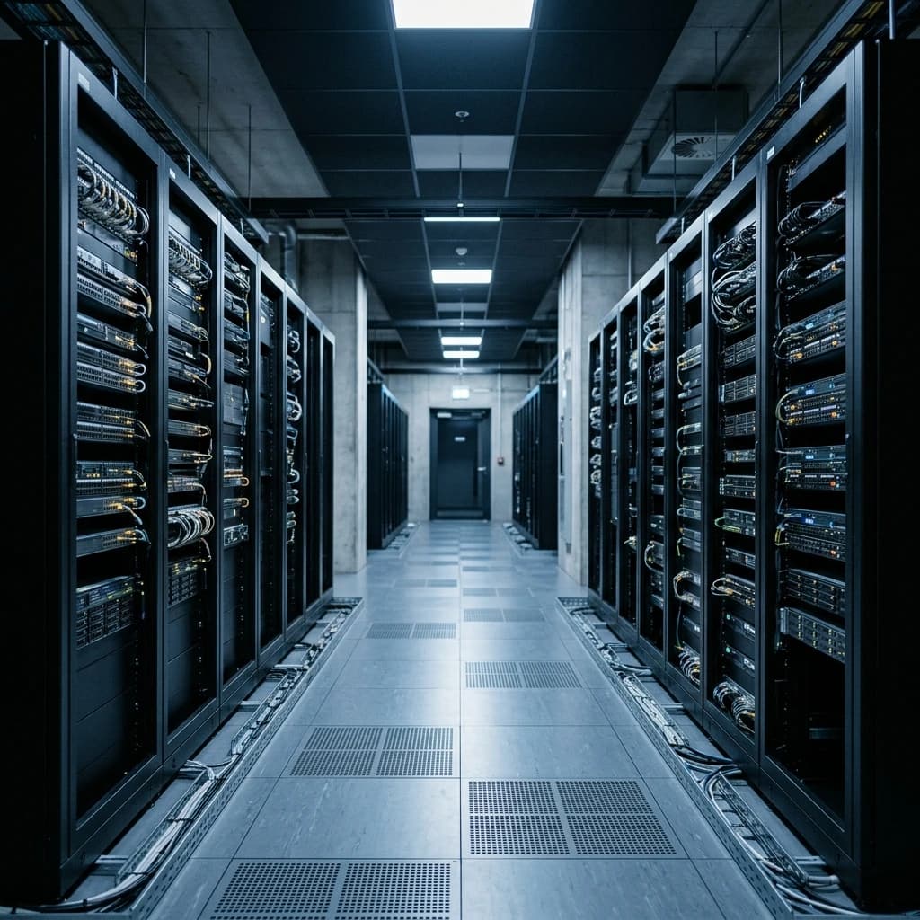 A modern enterprise data center corridor with illuminated server racks