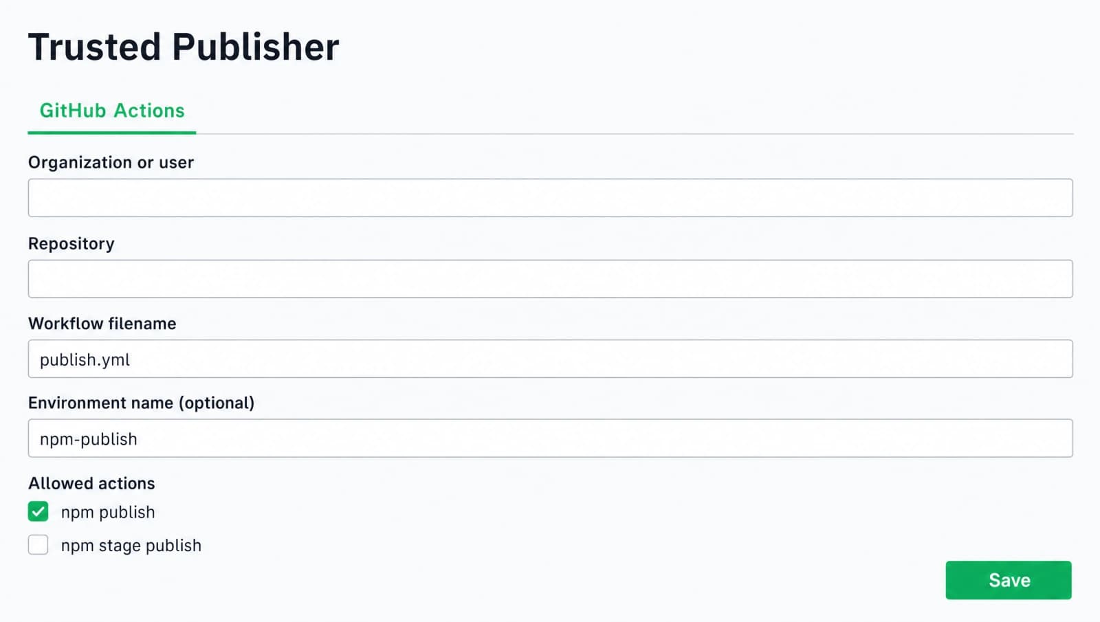 npm Trusted Publisher settings panel on npmjs.com