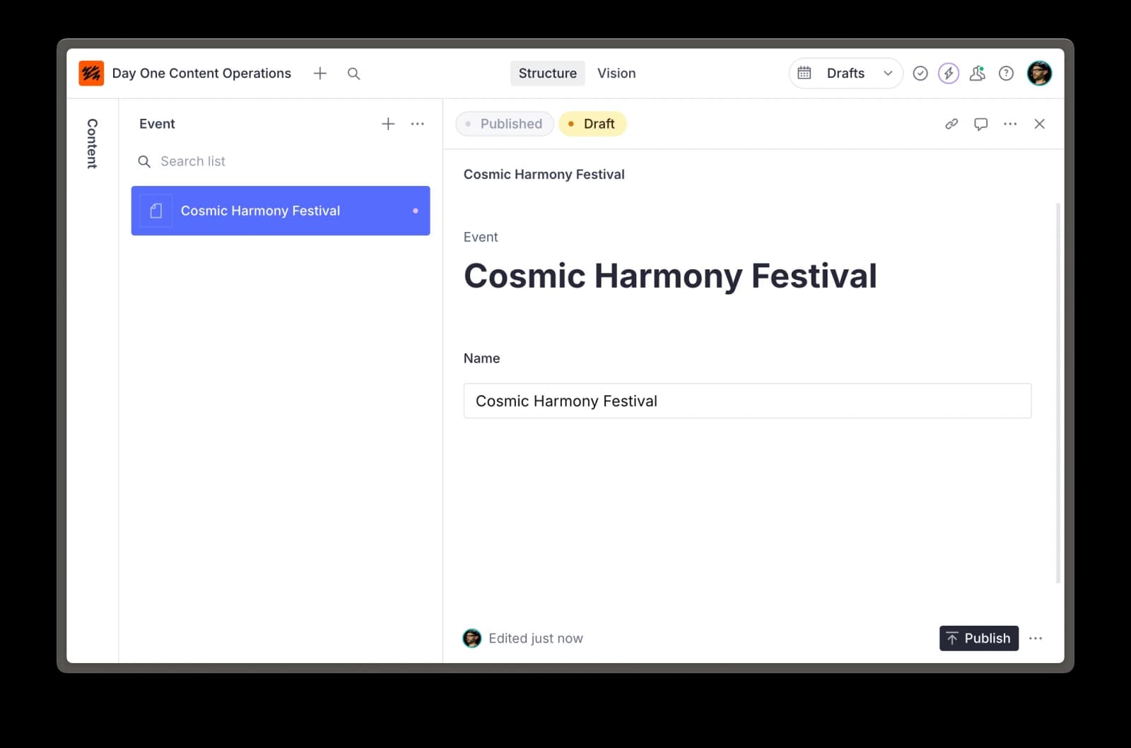 Sanity Studio document editor showing the Cosmic Harmony Festival document with the Name field. Image: Sanity Inc.