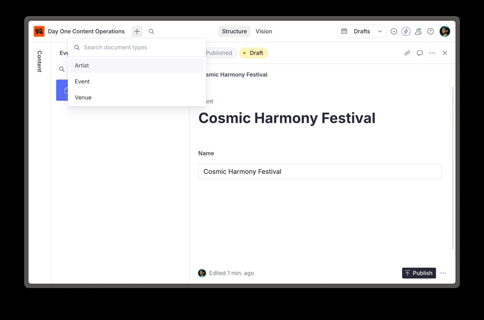 Sanity Studio empty document type picker with Artist, Event, and Venue options. Image: Sanity Inc.