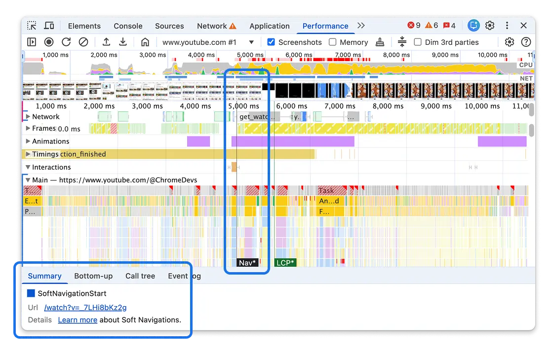 A soft navigation marker in the Chrome DevTools Performance panel timeline