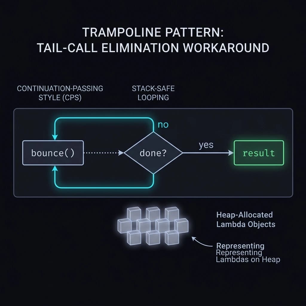 Trampoline pattern — bounce loop replacing stack recursion with heap allocation