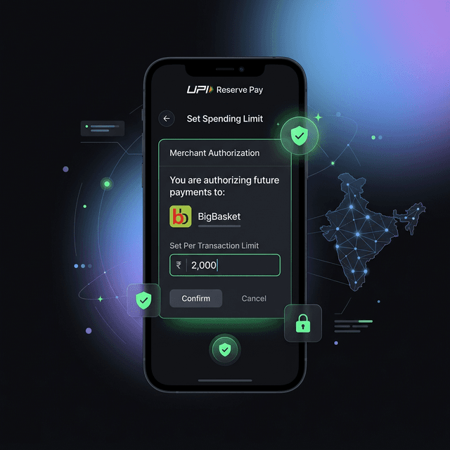 UPI Reserve Pay consent and spending limit authorization screen