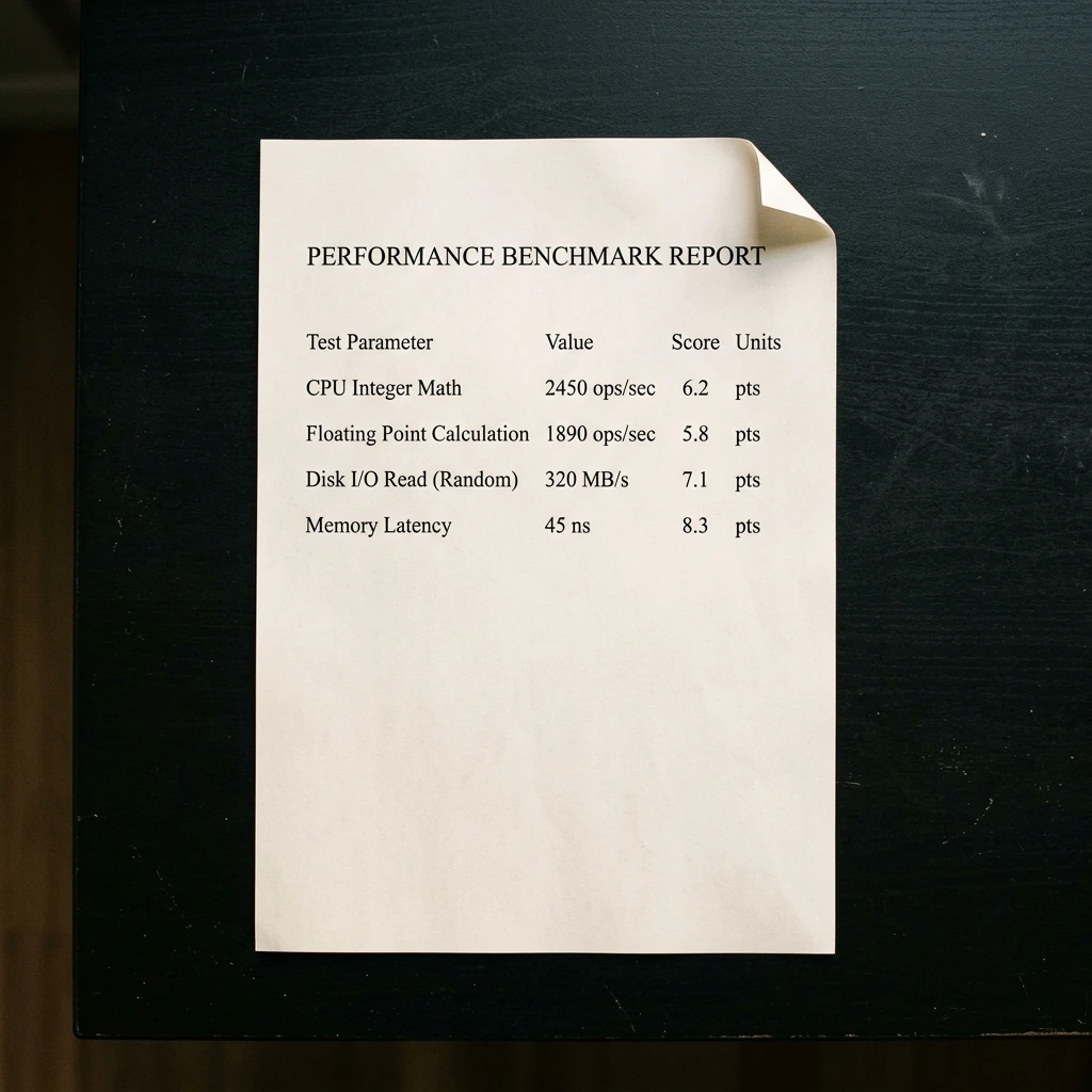 Printed benchmark results on a matte black desk