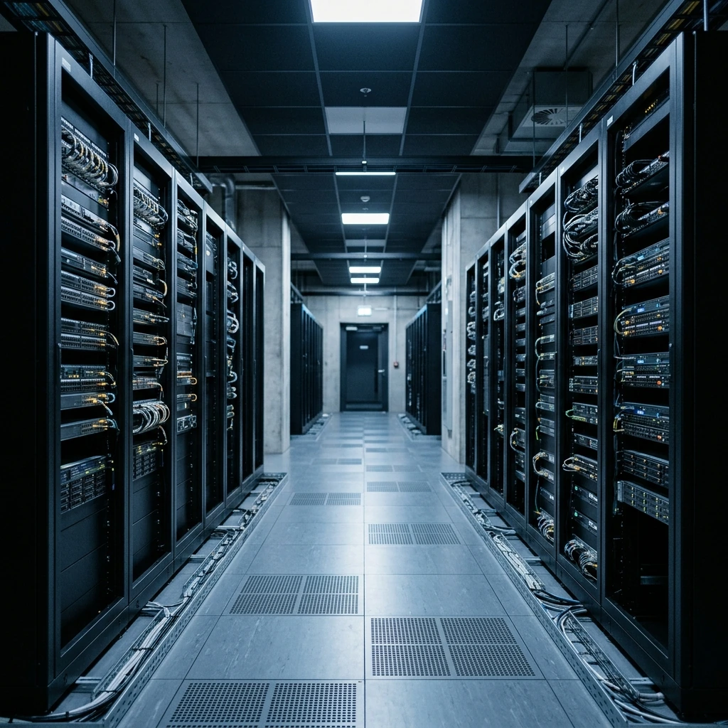 A modern enterprise data center corridor with illuminated server racks