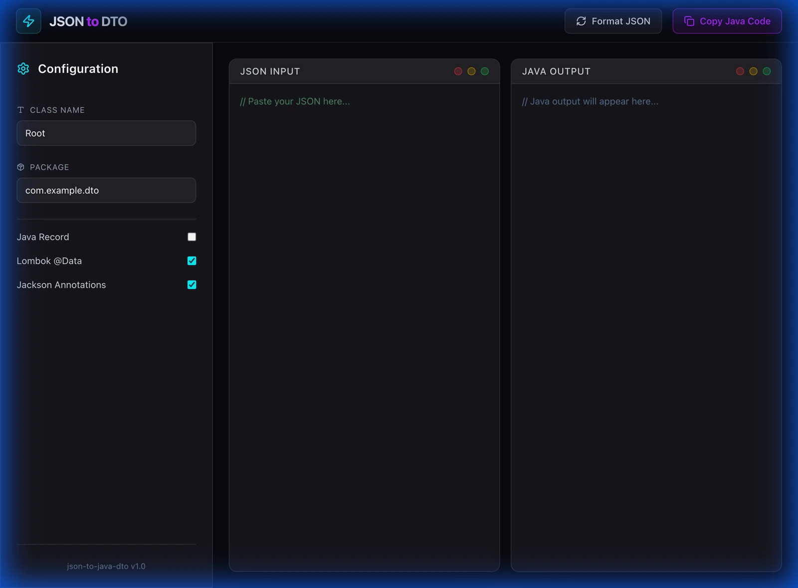 JSON to DTO Main Interface