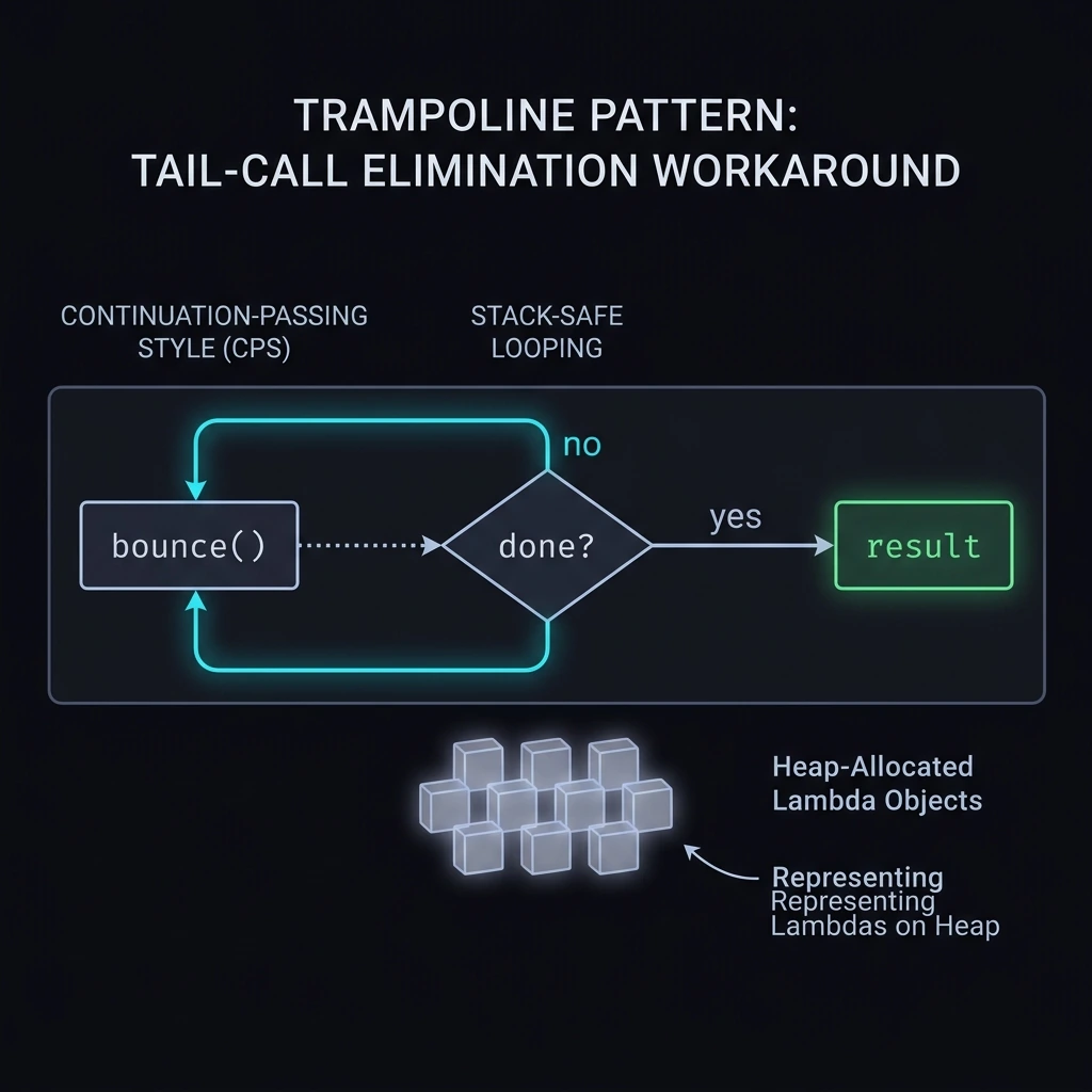 Trampoline pattern — bounce loop replacing stack recursion with heap allocation